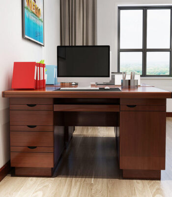 A sleek 140cm executive workstation made of high-quality wood and metal, featuring a spacious surface, ergonomic design, storage drawers, and cable management system.