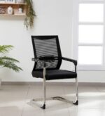 A modern office mesh boardroom chair with a breathable mesh back, adjustable seat height, and smooth-rolling casters, placed in a professional office setting.