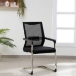 A modern office mesh boardroom chair with a breathable mesh back, adjustable seat height, and smooth-rolling casters, placed in a professional office setting.