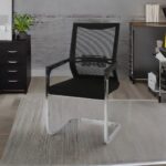 A modern office mesh boardroom chair with a breathable mesh back, adjustable seat height, and smooth-rolling casters, placed in a professional office setting.