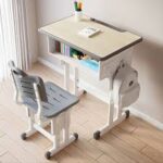Kid's desk and chair set designed for children with adjustable features and storage compartments.
