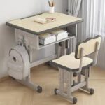 Kid's desk and chair set designed for children with adjustable features and storage compartments.