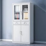 Modern rectangular file cabinet with multiple drawers and locking keys for secure storage.