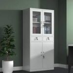 Modern rectangular file cabinet with multiple drawers and locking keys for secure storage.