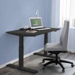 An electric standing desk with a sleek design, featuring height-adjustable functionality, ideal for a modern workspace.