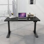 An electric standing desk with a sleek design, featuring height-adjustable functionality, ideal for a modern workspace.