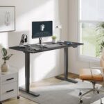 An electric standing desk with a sleek design, featuring height-adjustable functionality, ideal for a modern workspace.