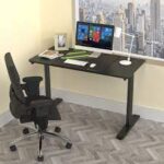 An electric standing desk with a sleek design, featuring height-adjustable functionality, ideal for a modern workspace.