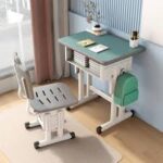 Kid's desk and chair set designed for children with adjustable features and storage compartments.