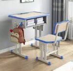 Kid's desk and chair set designed for children with adjustable features and storage compartments.