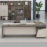 A sleek and modern 160cm writing office table with a spacious surface, built-in drawers, and a sturdy wood and metal frame.
