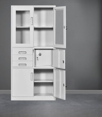 Steel Filing Office Cabinet with secure safe box, multiple filing drawers, and durable steel construction for organized and protected office storage.