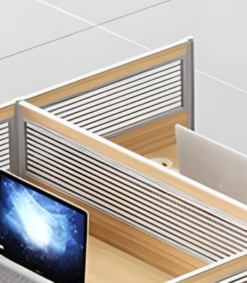 4-Way Office Workstation with modular design offering ample desk space for four employees in a collaborative office environment.