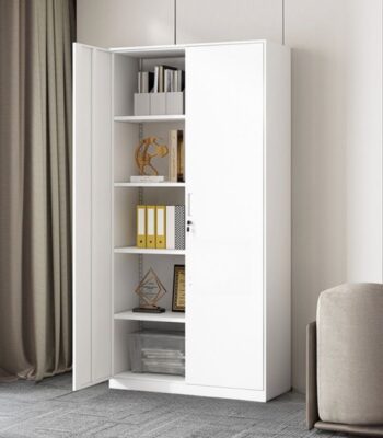 A durable 2-door metallic office cabinet with adjustable shelves and a lockable design for secure document and item storage.