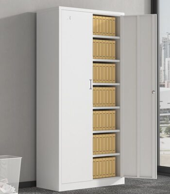 A durable 2-door metallic office cabinet with adjustable shelves and a lockable design for secure document and item storage.