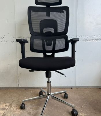 Black Mesh Headrest Office Chair with adjustable headrest, lumbar support, and padded armrests, designed for comfort and ergonomic support.