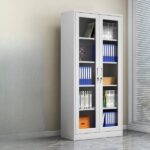 2-Door Glass Filing Cabinet with sleek glass doors and adjustable shelves, perfect for organizing office documents while adding a modern touch.