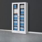 2-Door Glass Filing Cabinet with sleek glass doors and adjustable shelves, perfect for organizing office documents while adding a modern touch.