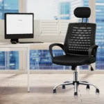 An ergonomic headrest office chair with adjustable settings, providing neck and lumbar support for long hours of comfortable seating.