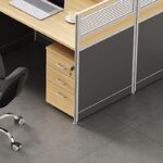 4-Way Modular Office Workstation with individual desks, privacy panels, and built-in storage, designed for flexible, collaborative office spaces.