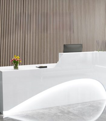 120cm White Reception Desk with modern design, ample workspace, and built-in storage for a professional office environment.