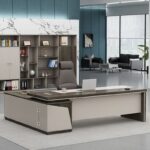 A sleek and modern 160cm writing office table with a spacious surface, built-in drawers, and a sturdy wood and metal frame.