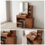 Modern Dressing Vanity Table – SEO Optimized Website Product Description Modern Dressing Vanity Table Enhance your bedroom with the Modern Dressing Vanity Table, a stylish and functional furniture piece designed to make your daily beauty routine more comfortable and organized. Whether you are getting ready for work, school, or a special occasion, this elegant vanity table provides a dedicated space for applying makeup, styling your hair, and storing your beauty essentials. Moreover, its contemporary design adds a touch of sophistication to bedrooms, apartments, hotels, and dressing rooms. Key Features Modern and elegant vanity table design Premium engineered wood construction Large mirror for convenient grooming and makeup application Spacious tabletop for cosmetics and beauty accessories Multiple storage drawers for organized storage Scratch-resistant laminated finish Strong and stable construction for long-lasting durability Smooth-gliding drawers with quality hardware Easy-to-clean and low-maintenance surface Compact design suitable for bedrooms and apartments Comfortable legroom for convenient seating Ideal for homes, apartments, hotels, and dressing rooms