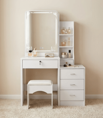 Modern Dressing Vanity Table – SEO Optimized Website Product Description Modern Dressing Vanity Table Enhance your bedroom with the Modern Dressing Vanity Table, a stylish and functional furniture piece designed to make your daily beauty routine more comfortable and organized. Whether you are getting ready for work, school, or a special occasion, this elegant vanity table provides a dedicated space for applying makeup, styling your hair, and storing your beauty essentials. Moreover, its contemporary design adds a touch of sophistication to bedrooms, apartments, hotels, and dressing rooms. Key Features Modern and elegant vanity table design Premium engineered wood construction Large mirror for convenient grooming and makeup application Spacious tabletop for cosmetics and beauty accessories Multiple storage drawers for organized storage Scratch-resistant laminated finish Strong and stable construction for long-lasting durability Smooth-gliding drawers with quality hardware Easy-to-clean and low-maintenance surface Compact design suitable for bedrooms and apartments Comfortable legroom for convenient seating Ideal for homes, apartments, hotels, and dressing rooms