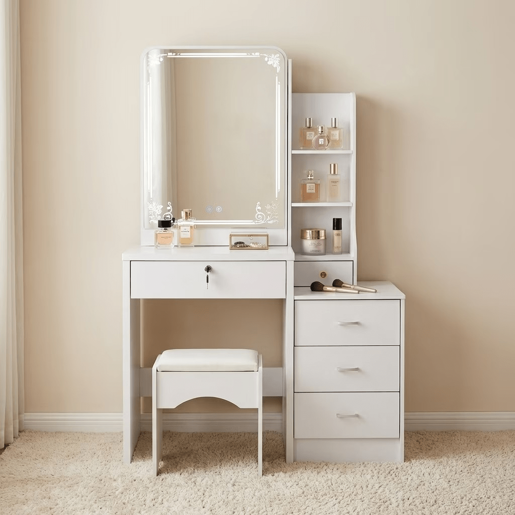 dressing table (9) Modern Dressing Vanity Table – SEO Optimized Website Product Description Modern Dressing Vanity Table Enhance your bedroom with the Modern Dressing Vanity Table, a stylish and functional furniture piece designed to make your daily beauty routine more comfortable and organized. Whether you are getting ready for work, school, or a special occasion, this elegant vanity table provides a dedicated space for applying makeup, styling your hair, and storing your beauty essentials. Moreover, its contemporary design adds a touch of sophistication to bedrooms, apartments, hotels, and dressing rooms. Key Features Modern and elegant vanity table design Premium engineered wood construction Large mirror for convenient grooming and makeup application Spacious tabletop for cosmetics and beauty accessories Multiple storage drawers for organized storage Scratch-resistant laminated finish Strong and stable construction for long-lasting durability Smooth-gliding drawers with quality hardware Easy-to-clean and low-maintenance surface Compact design suitable for bedrooms and apartments Comfortable legroom for convenient seating Ideal for homes, apartments, hotels, and dressing rooms